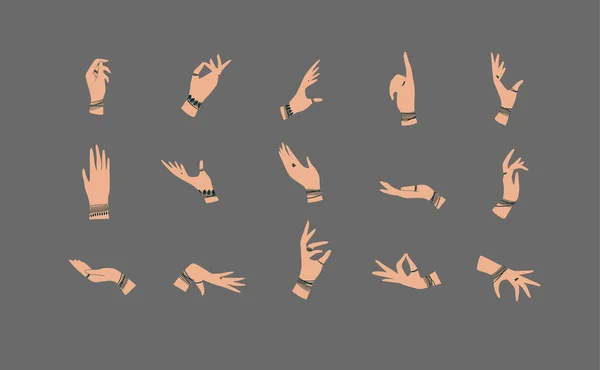 Handen Met Armbanden Ringen Etnische Stijl Verschillende Posities Gevoelens Emoties — Stockvector