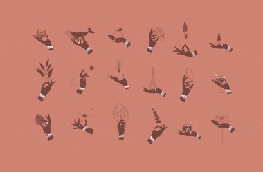 Bilezikli eller, mercan zemin üzerinde minimalist şekillerde dekoratif semboller taşıyan yüzükler.