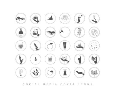 Eller, etiketler, kozmetik şişeleri, dekoratif semboller, dallar, çiçekler, hayvanlar ve beyaz arkaplanda minimalist grafik tarzında çeşitli nesneler.