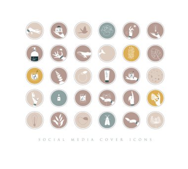 Eller, etiketler, kozmetik şişeleri, dekoratif semboller, dallar, çiçekler, hayvanlar ve bej renkli minimalist grafik şekilli çeşitli nesneler.