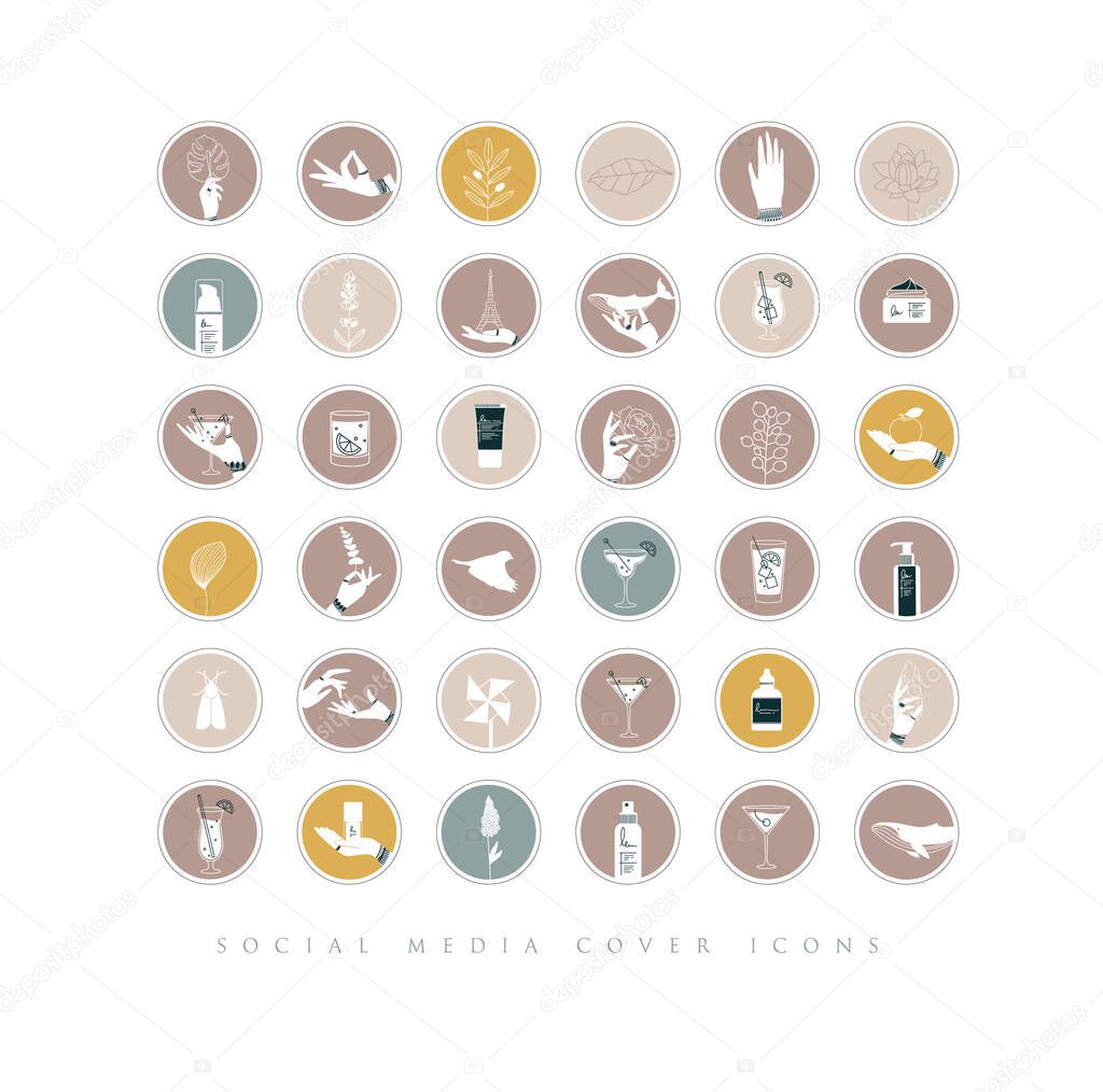 Hands, labels, cosmetics bottles, decorative symbols, branches, flowers, animals and various objects in minimalist graphic style drawing on beige background.