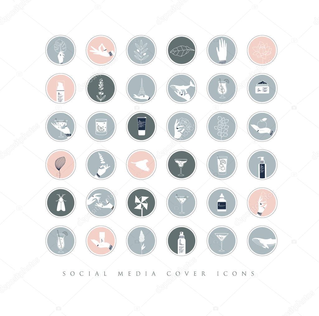 Hands, labels, cosmetics bottles, decorative symbols, branches, flowers, animals and various objects in minimalist graphic style drawing with gray color