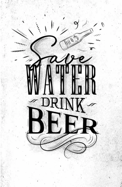 Poster Belettering Sparen Water Drinken Bier Tekening Vuil Papier Achtergrond — Stockvector