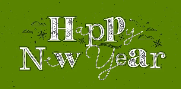 クリスマスのポスターレタリング緑の背景にグラフィックスタイルで幸せな新年の描画 — ストックベクタ