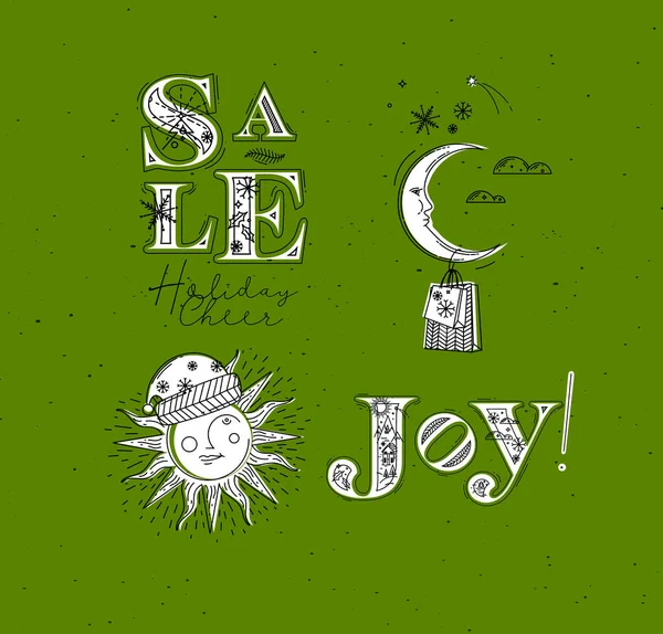 メリークリスマスの要素レタリング販売 休日の応援 喜びと緑の背景にグラフィックスタイルでギフト図面とサンタ帽子と月と太陽を描いた — ストックベクタ