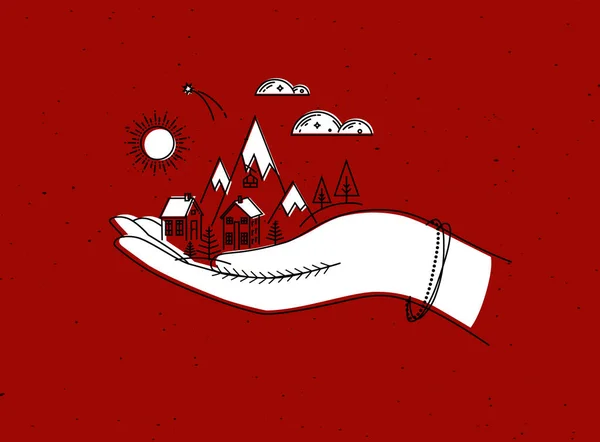 Weihnachtsposter Mit Hand Berge Sonne Wolke Haus Bäume Grafischen Stil — Stockvektor