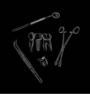 Diş sağlığı, diş bakımı, implant ve diş tedavisi araçları ile grafik biçiminde çizim, siyah arka planda beyaz