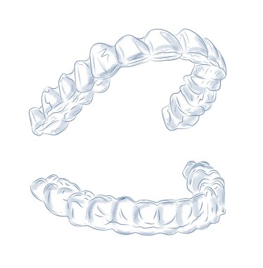 Üst ve alt dişler için diş beyazlatma tepsisi beyaz arka planda mavi ile grafik biçiminde çizim.