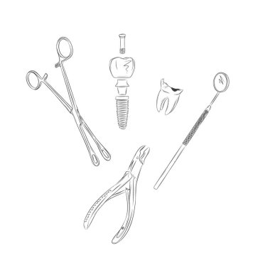 Diş implantı ve implantasyon diş aletleri klemp, pençe ve ayna grafik tarzda çizim beyaz arkaplan üzerine siyah