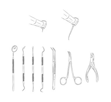 Diş hekimi cerrahisi ve diş tedavisi araçları, beyaz arka plan üzerine siyah çizim ile grafik tarzı çizim.