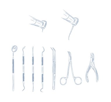 Diş hekimi cerrahisi ve diş tedavisi araçları beyaz arka planda mavi ile grafik biçiminde çizim.