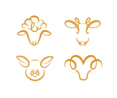 Çiftlik hayvanlarının evcil koyunları domuz keçileri beyaz arka planda bej ile modern sanat tarzında çizim yapıyorlar.