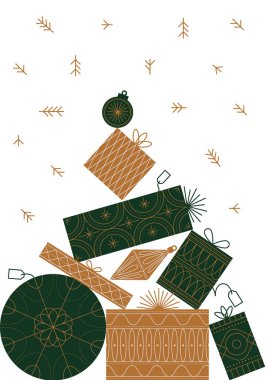 Hediye kutusu illüstrasyonundan yapılmış Noel ağacı beyaz arka planda yeşil ve bej temalı çizim