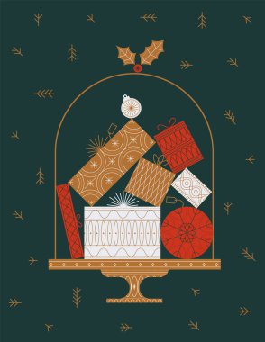 Kek standı kapağının altındaki hediye kutuları yeşil arka planda kırmızı ve bej temalı çizimler