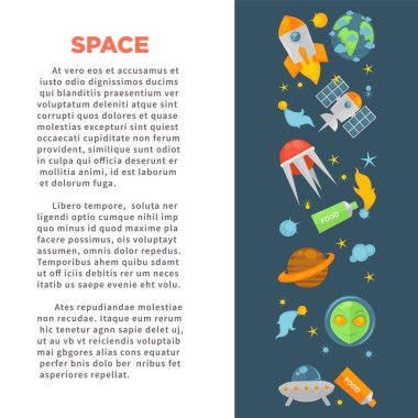 Uzay keşif promo poster cosmos temalı simgeleri ile ayarlayın. Güçlü uzay aracı, modern uydular, büyük gezegenler, Ufo uçan yemekleri ve tüpler spacemens gıda düz vektör çizimler karikatür.