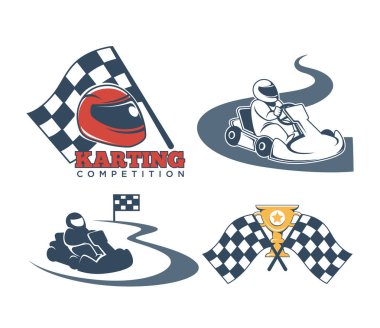Kask ve damalı bayrak sürücüsüyle Karting promo Amblemler ayarlayın. Aşırı spor yarışçılar için. Uzun parça ve özel güvenlik dişli. Altın kupa Kupası logosu karikatür düz vektör illüstrasyon izole.