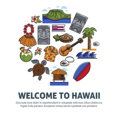 Hawaii promo poster ulusal sembolleri ile hoş geldiniz. Çiçek boncuk, Taş heykellerin, uzun boylu palm, akustik gitar, parlak sörf tahtası, deniz kaplumbağası ve meyveli gıda vektör çizimler ile hasır etek.