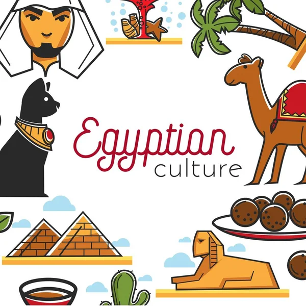 埃及文化海报以著名国家标志作为框架 Bidduine 有胡子 珊瑚礁 高大的手掌 蓬松的骆驼 传统菜肴 猫雕像 古狮身人面像和金字塔矢量插图 — 图库矢量图片