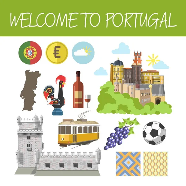 Bienvenido Portugal Banner Promoción Con Símbolos Nacionales Arquitectura Única Delicioso — Vector de stock