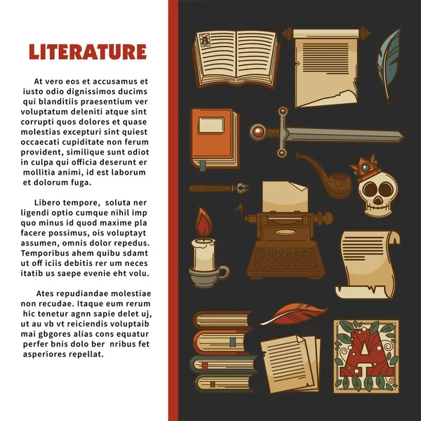 Littérature Promo Bannière Avec Des Manuscrits Anciens Des Livres Ouvrages — Image vectorielle