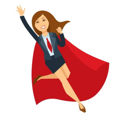 Süper kadın ofis etek takım kravat, stiletto Ayakkabı ve kırmızı pelerin. Modern kadın süper kahraman öğesi ile resmi kıyafeti tek ayak üstünde atlar ve el izole karikatür düz vektör çizim yükseltir.