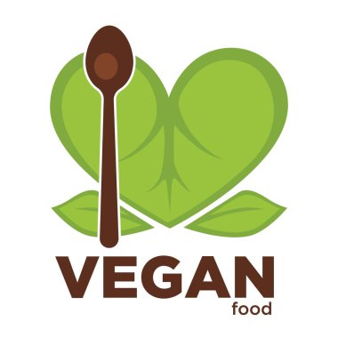 Vegan gıda promo logolu yeşil yaprakları ve kaşık. Doğal organik bitkisel ürünler ticari amblemi. Sağlıklı yaşam tarzı beslenme logo izole karikatür düz vektör illüstrasyon işareti ile.