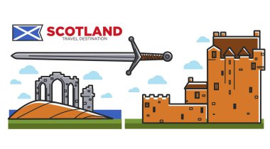 İskoçya seyahat hedef promo poster mimarisi ve antik kılıç. Tuğla ve beyaz arka plan üzerinde ayarla tarihi kalıntı izole karikatür düz vektör çizimler eski binalar yapılmış.