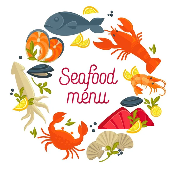 Seafood Menu Promo Emblem Fresh Delicious Products Tender Salmon Ocean — Stock Vector