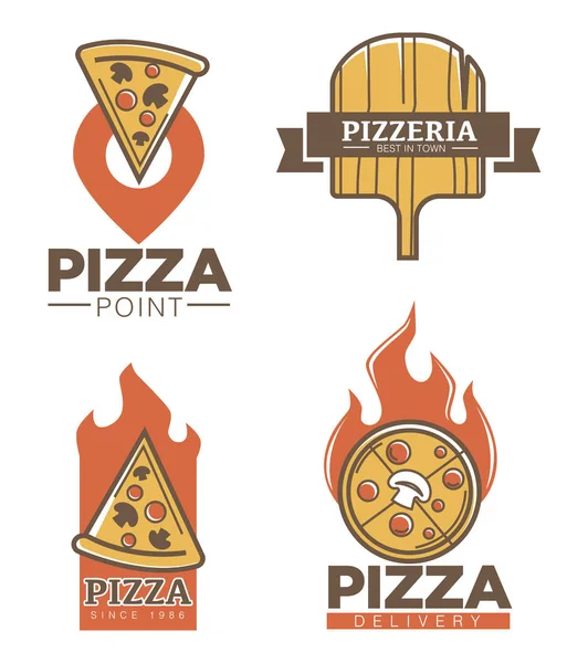 Italian Pizzeria Pizza Delivery Promo Emblems Set Delicious Dish Flame — Stock Vector