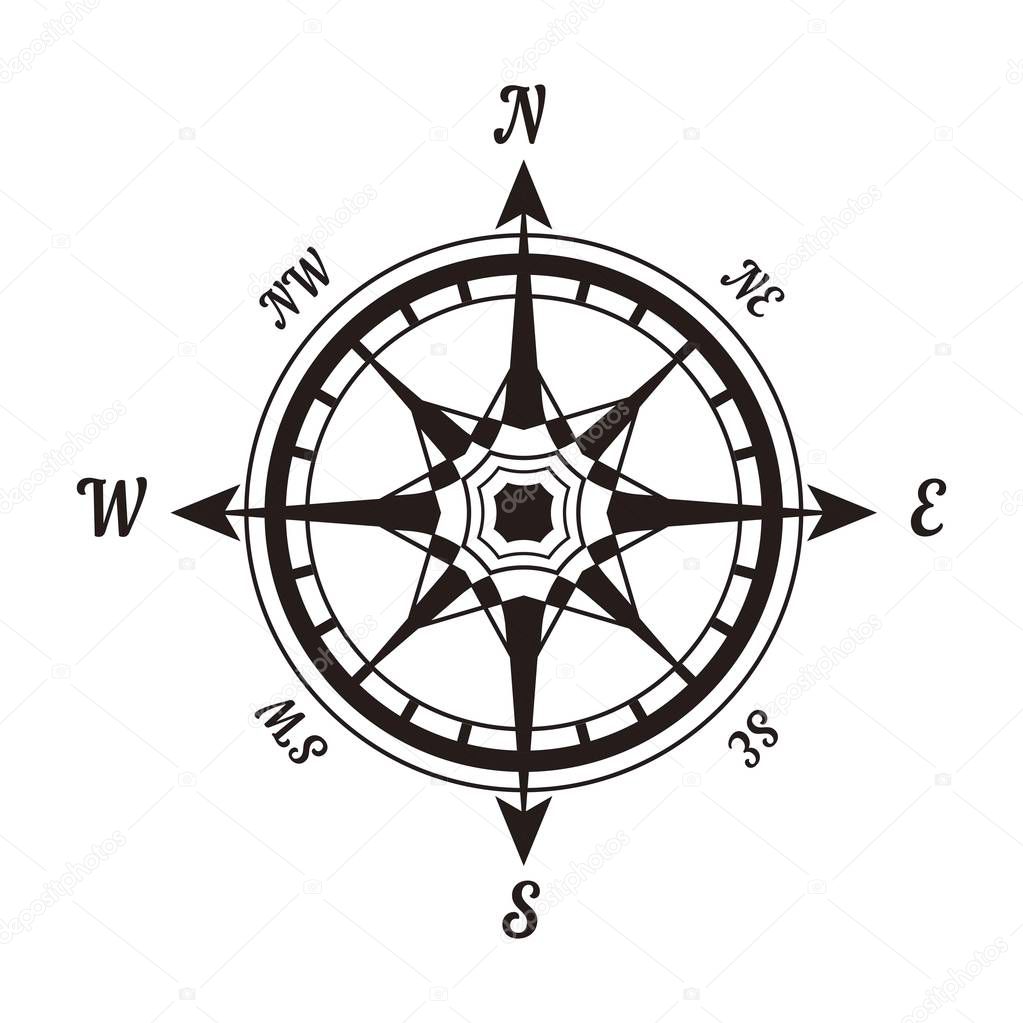 Rose of wind monochrome template with arrows and signs. Compass for topographical orientation. Geographical round symbol with letters black and white isolated cartoon flat vector illustration.