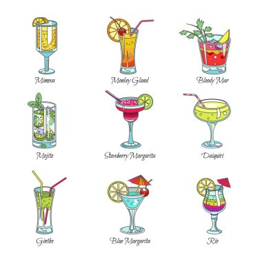 Kokteyller simgeler kroki. Vektör Mimoza, maymun bezi, Kanlı Mary veya egzotik mojito ve tropikal meyve kokteyli veya çilek margarita kokteyl bar menü tasarımı alkollü içecekler için