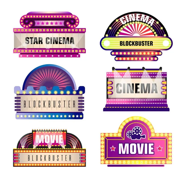 电影和电影复古的招牌与类型的灯泡 矢量隔离集电影院或剧场首映复古霓虹灯星座与星和聚光灯 — 图库矢量图片