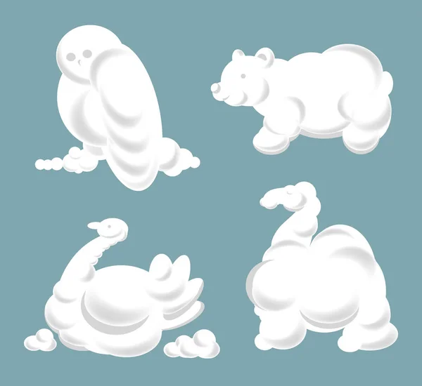 Cloud silhouettes of animals and birds. Vector cartoon set of cloud owl, bear and swan or camel