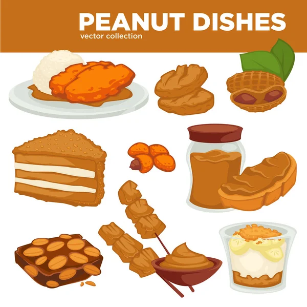 Erdnussgerichte Mit Speisen Oder Getränken Und Desserts Vektor Symbole Für — Stockvektor
