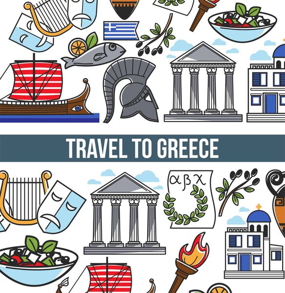 Travel to Greece poster of Greek symbols and famous sightseeing landmarks. Vector design of Greece flag, Athens Pantheon acropolis, Spartan helmet, in olive oil and harp icons