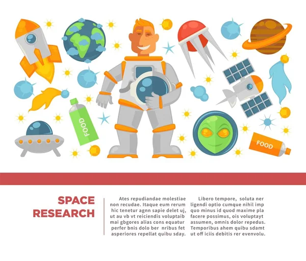 연구와 포스터 천문학에 한입니다 비행사 우주선 인공위성 갤럭시 혜성과 비행사 — 스톡 벡터