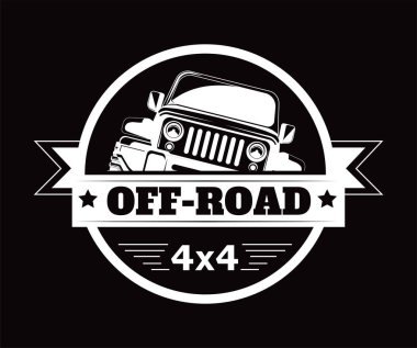 Off-Road 4 x 4 extreme araba macera Kulübü logosu. Off road araç ya da kamyon seyahat ve spor yarışları için tekerlek lastikleri ile vektör simgesi