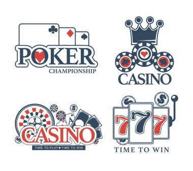 Casino poker logo şablonları ayarlamak. Vektör simgeler şanslı 7 ikramiye, Kumar fişleri ve rulet, iskambil veya royal crown için online casino kumar oyunları