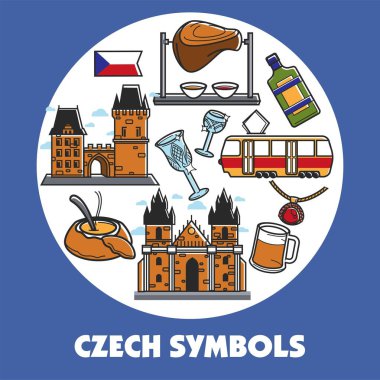 Çek Cumhuriyeti seyahat sembolleri ve ünlü simge poster. Vektör çek bayrak, gıda ve Becherovka veya bira içecek, Prag Kalesi, Kral Charles Köprüsü ve Bohemian kristal cam