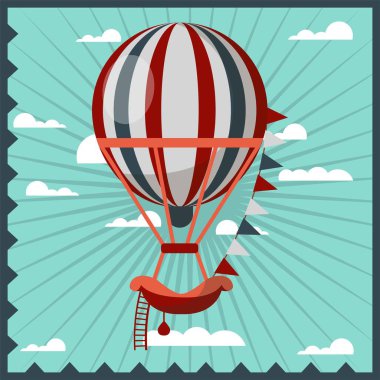 Sıcak hava balon retro posterin vektör balon cloudhopper gondol ve merdiven için seyahat tur veya eğlence göstermek ve açık hava Festivali