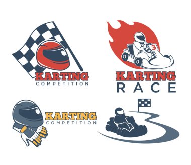 Karting yarışları veya kart Kulübü rekabet logo koymak. Kart ve damalı bitiş simgeleri vektör veya bayrak araba yarış turnuva için başlangıç