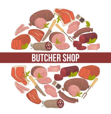 Bir kasap dükkanı promo poster et ve sosis. Hayvan kökenli proteinlerin tam büyük daire izole karikatür vektör çizim beyaz arka plan üzerinde keskin çatal ile doğal besin.
