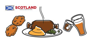 İskoçya seyahat hedef promo poster ulusal mutfağı ile. Çikolatalı kurabiye, sıcak sosis sosu, bira kupa ile ve viski kola ve buz ile izole karikatür düz vektör çizimler set.