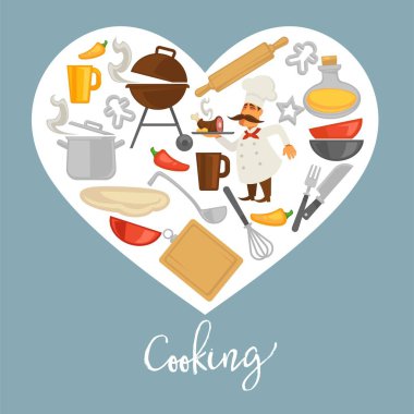 Promo poster kalbin içindeki şef ve mutfak eşyaları ile yemek. Sıcak ızgara, metal tencere, seramik dishware, ahşap kesme tahtası ve oklava, uygun çatal ve taze hamur vektör çizimler.