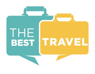 En iyi seyahat acentası promo amblemi bavul siluetleri ile. Yolculuk düzenleme Şirket, kolları ve ticari logo tabelada renkli evrak çantaları karikatür düz vektör illüstrasyon izole..