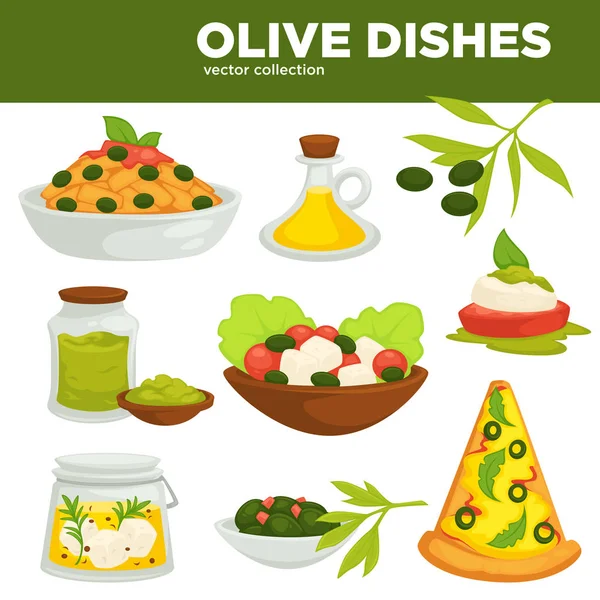 Platos Aceitunas Comida Ensaladas Snacks Iconos Vectoriales Aderezo Aceite Oliva — Vector de stock