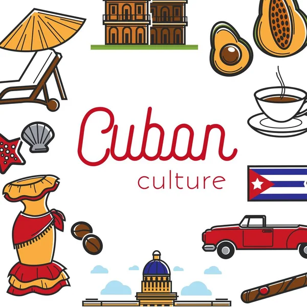 Cubaanse Cultuur Promo Banner Met Nationale Symbolen Ingesteld Retro Cabriolet — Stockvector