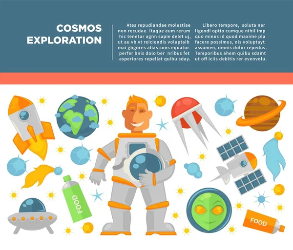 Universum Und Kosmos Exploration Poster Mit Kosmischen Und Astronautensymbolen Vektorflaches — Stockvektor