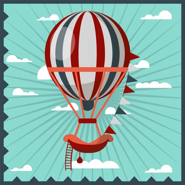 Hot Air Balloon Retro Poster Vector Balloon Cloudhopper Gondola Ladder — Stock Vector