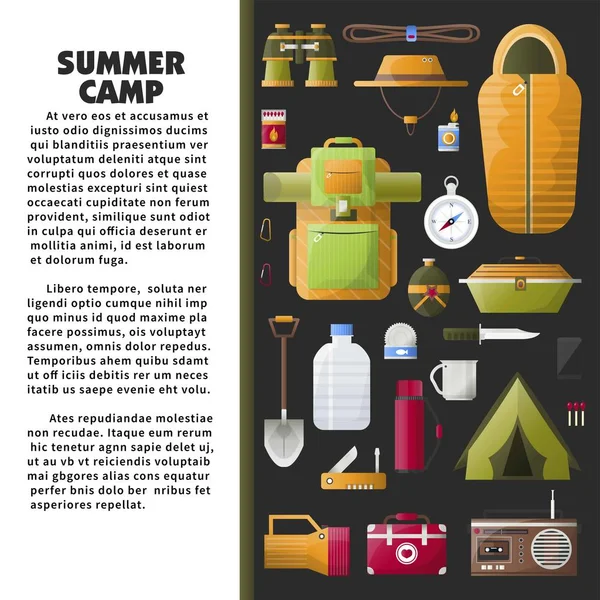 Sommercamp Plakat Mit Ausrüstung Und Beispieltext Schlafsack Leistungsstarkes Fernglas Geräumiger — Stockvektor